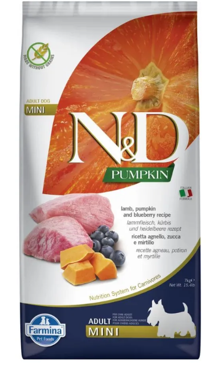 Farmina N&D (Фармина НД) Adult Mini Pumpkin Lamb blueberry Сухой беззерновой корм для собак мелких пород с ягненком, черникой и тыквой 7 кг