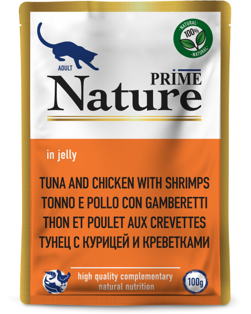 Prime (Прайм) Nature Влажный корм Пауч для взрослых кошек с тунцом, курицей и креветками в желе 100 г 5 шт