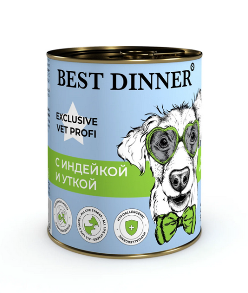 Best Dinner Exclusive Vet Profi Hypoallergenic Консервы для собак для профилактики аллергии, с индейкой и уткой, 340 г