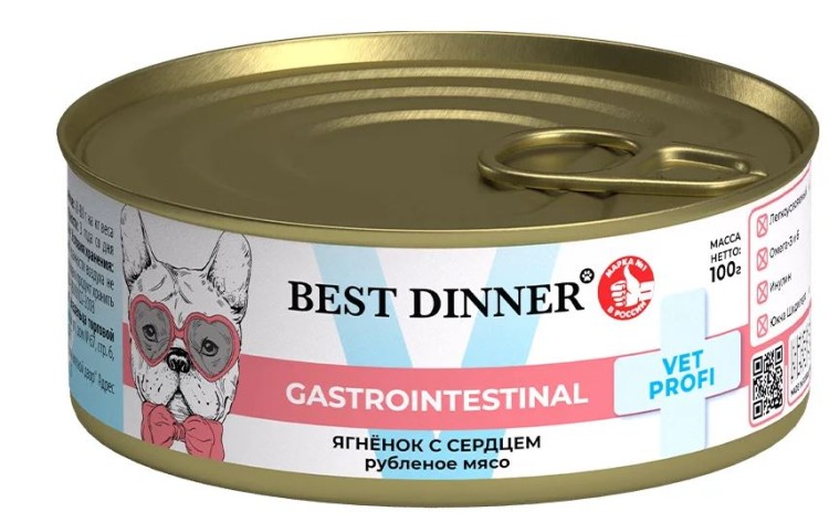 Best Dinner Exclusive Vet Profi GastroIntestinal Консервы для собак для профилактики заболеваний ЖКТ, с ягненком и сердцем, 100 г